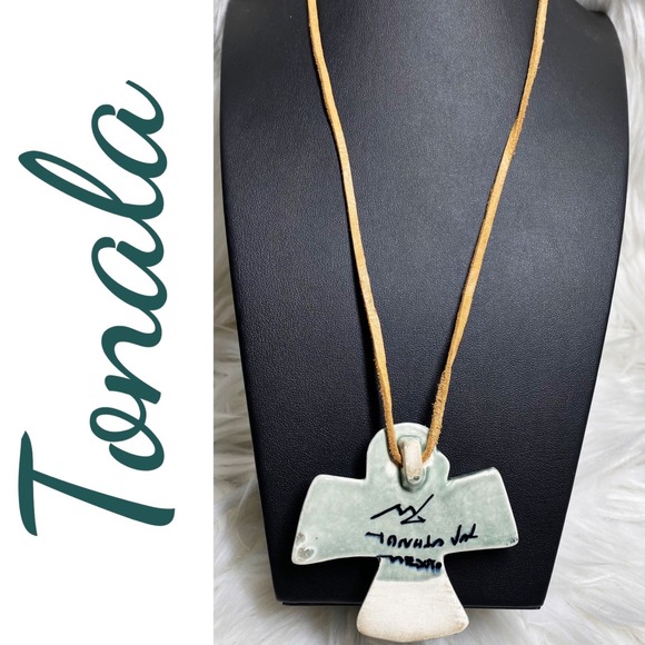 Vintage Signed Tonala Mexico Ceramic Thunderbird Pendant Necklace Folk Art - Picture 5 of 8